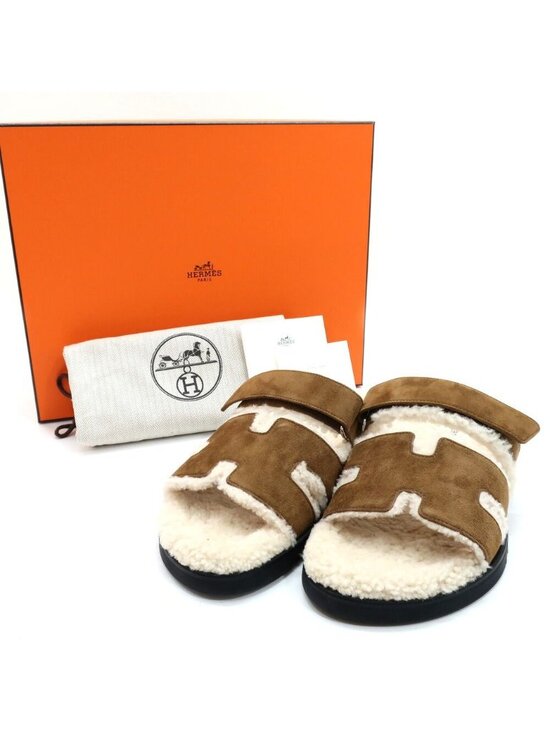 Hermes Heaven Chypre Sandals 42 Brown Fume Ecru Sheepskin Fluffy main image 9
